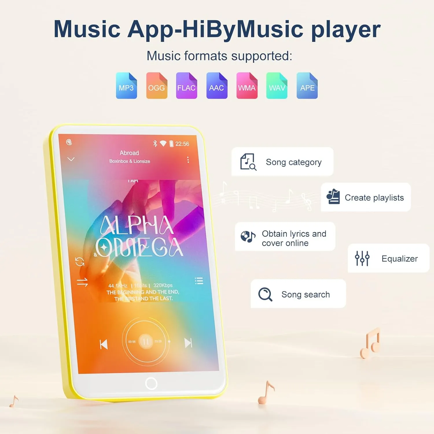 80GB MP3 Player with Bluetooth and WiFi, Android Player with Speaker Mp3 & Mp4 Music Player with Spotify, Amazon Music, Browser, Deezer, 4.0" Touch Screen, Download Music,Up to 512GB (Yellow)