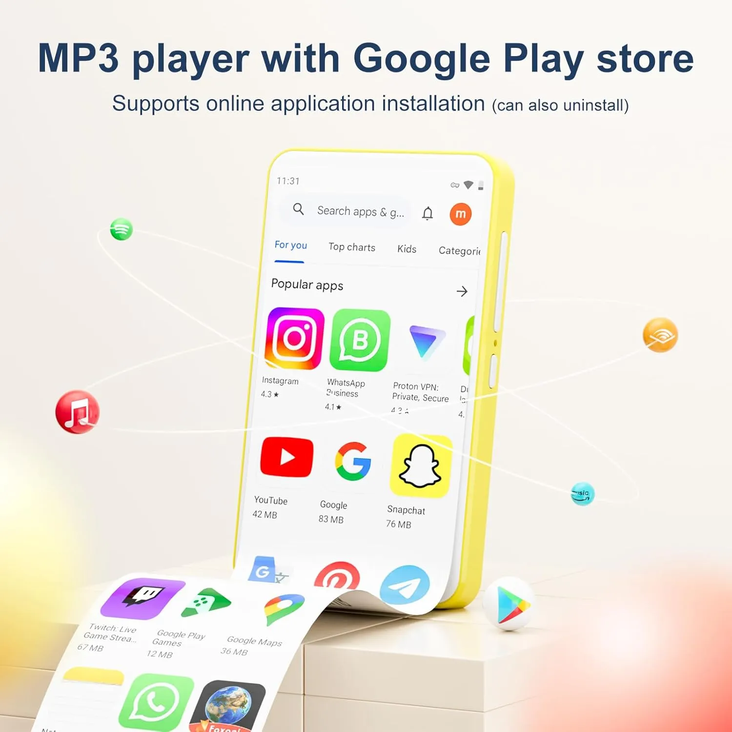 80GB MP3 Player with Bluetooth and WiFi, Android Player with Speaker Mp3 & Mp4 Music Player with Spotify, Amazon Music, Browser, Deezer, 4.0" Touch Screen, Download Music,Up to 512GB (Yellow)