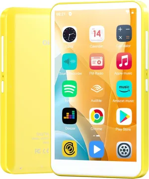 80GB MP3 Player with Bluetooth and WiFi, Android Player with Speaker Mp3 & Mp4 Music Player with Spotify, Amazon Music, Browser, Deezer, 4.0" Touch Screen, Download Music,Up to 512GB (Yellow)