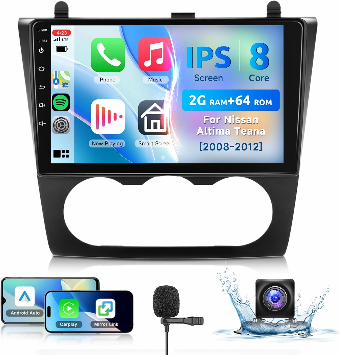 8 Core 2 64G Android Car Stereo for Nissan Altima 2008 2009 2010 2011 2012 with Wireless Carplay Android Auto, 9'' Touchscreen Car Radio Mirror Link WIFI GPS Bluetooth FM/RDS DSP AHD Backup Camera SWC