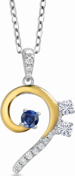 925 Silver and 10K Yellow Gold Blue Created Sapphire White Moissanite and White Lab Grown Diamond Bass Clef Music Note Pendant Necklace For Women By Keren Hanan (0.35 Cttw, with 18 Inch Chain)