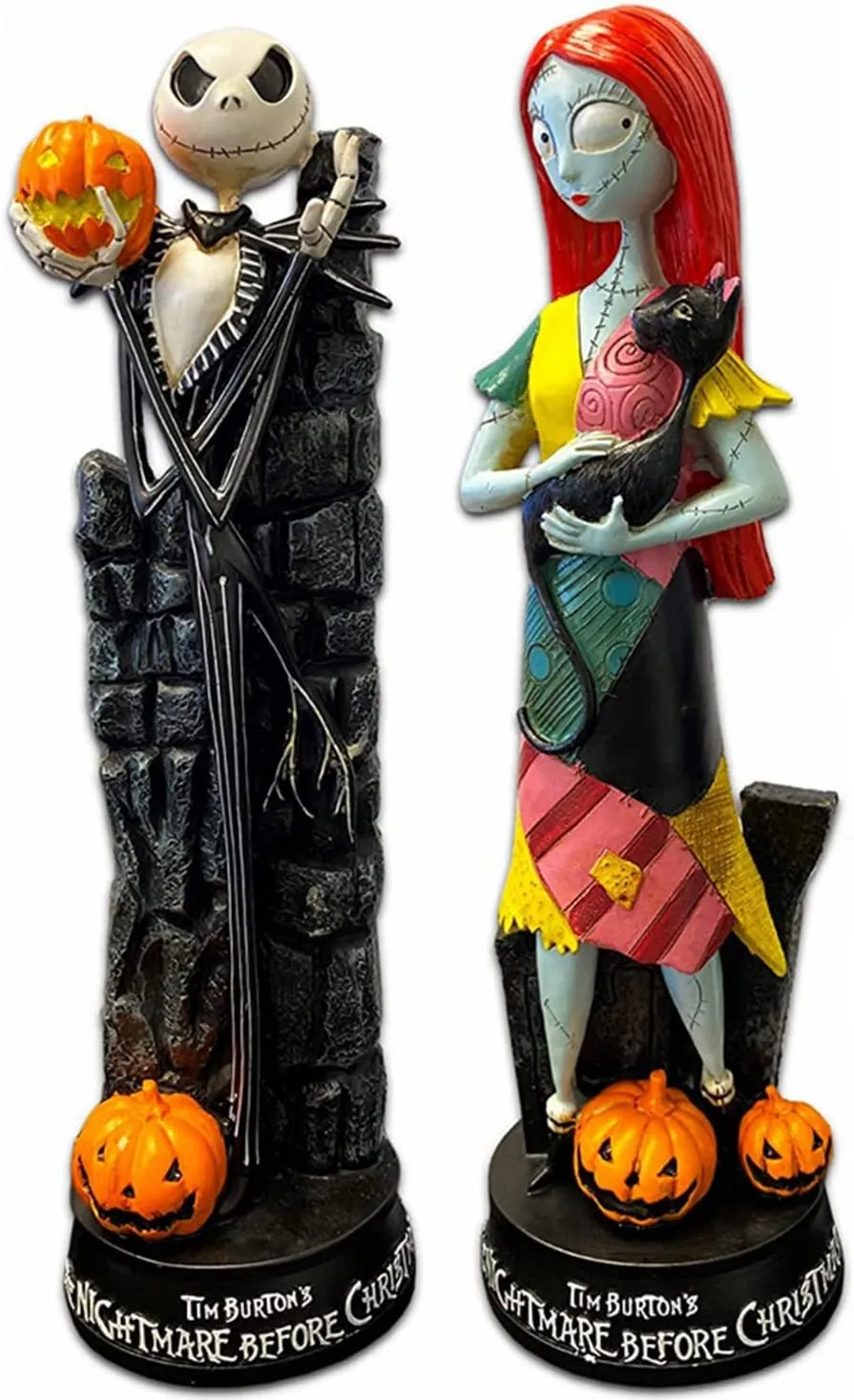 A Nightmare Before Christmas Figurines Set ~ 2 Pack Jack Skellington and Sally with Pumpkin Halloween Statue Sculpture Home Decoration Collection Gifts