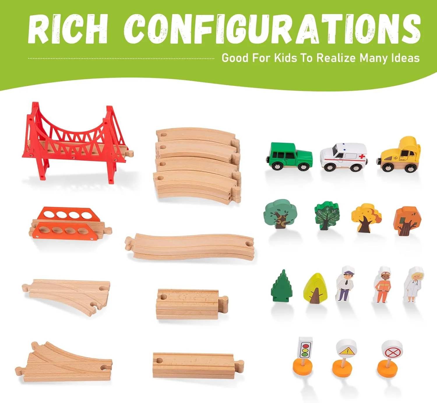 Adena Montessori Wooden Train Set 40 Pcs,Busy City Train Toys with Suspension Bridge for Kids,Expandable&Changeable Track Set for Toddler Boys&Girls 3  Years,Fits Thomas,Brio,Melissa&Doug(Vehicle)