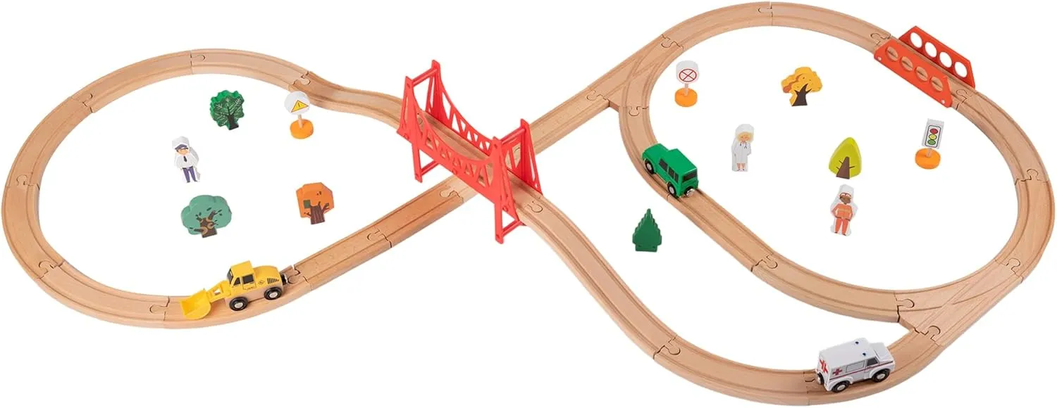 Adena Montessori Wooden Train Set 40 Pcs,Busy City Train Toys with Suspension Bridge for Kids,Expandable&Changeable Track Set for Toddler Boys&Girls 3  Years,Fits Thomas,Brio,Melissa&Doug(Vehicle)