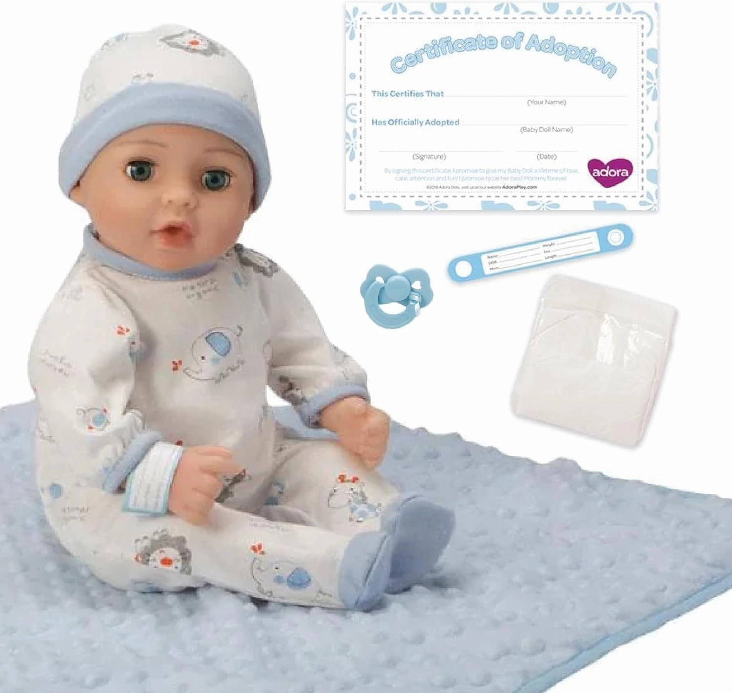 Adora 16 Inch Boy Baby Doll with Accessories Blue Matching 9-Piece Set Including a Pacifier, Hospital, Bracelet, Diaper, and More Gift for Toddlers Ages 3  Adoption Babies Collection - Handsome