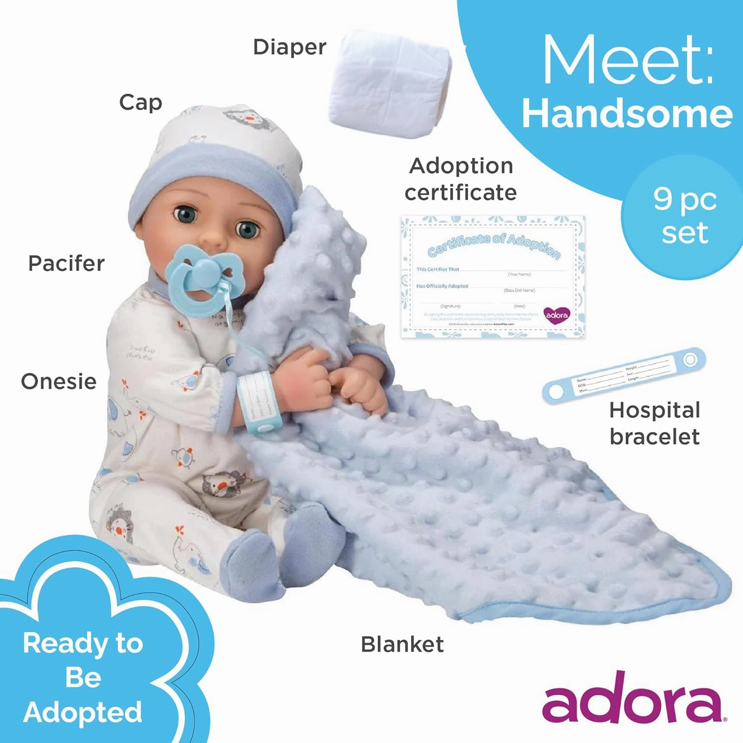 Adora 16 Inch Boy Baby Doll with Accessories Blue Matching 9-Piece Set Including a Pacifier, Hospital, Bracelet, Diaper, and More Gift for Toddlers Ages 3  Adoption Babies Collection - Handsome
