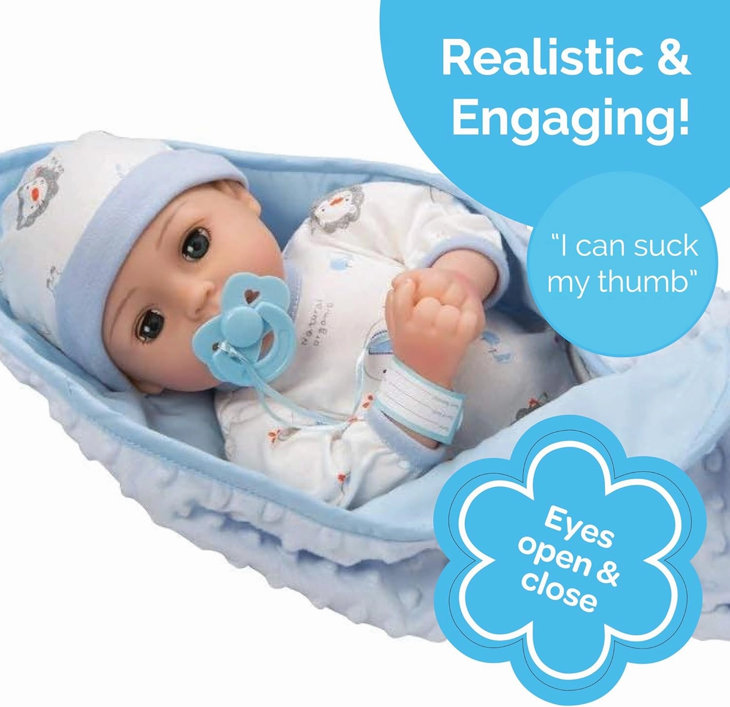 Adora 16 Inch Boy Baby Doll with Accessories Blue Matching 9-Piece Set Including a Pacifier, Hospital, Bracelet, Diaper, and More Gift for Toddlers Ages 3  Adoption Babies Collection - Handsome