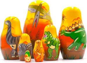 AEVVV Dinosaur Nesting Dolls Set of 7 pcs - Matryoshka Doll with Dinosaur Figurines - Wooden Dinosaur - Dinosaur Room Decor - Nesting Dolls Dinosaur
