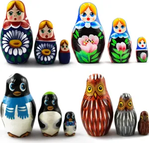 AEVVV Lot 4 Wooden Stacking Dolls Sets 3 pcs - Unique Valentine Gifts for Kids