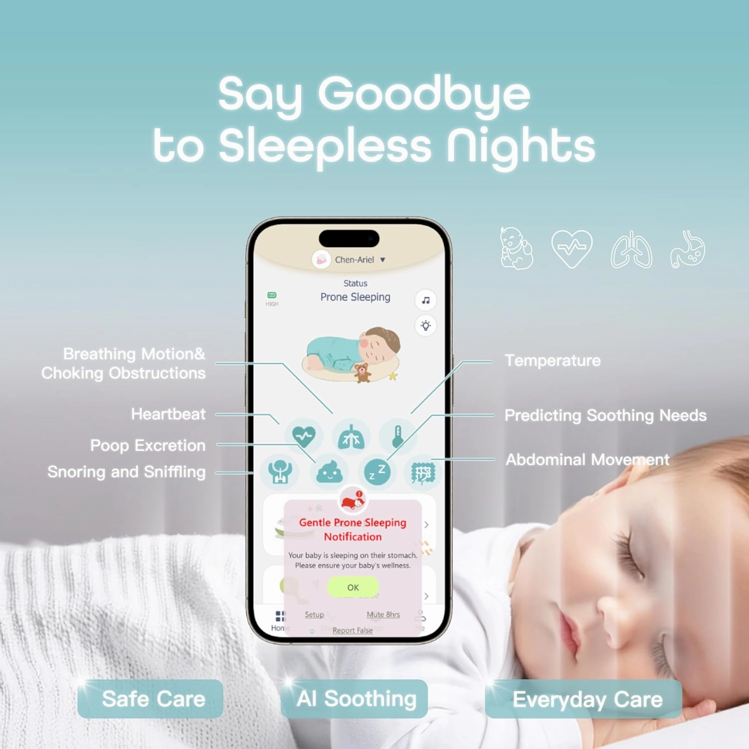 AI Smart Baby Monitor w/Free App, Tracking Breathing, Heart Rate & Sleep, Real-Time Alerts, Wireless & Portable, for Newborns to Toddlers (0-7 Years)