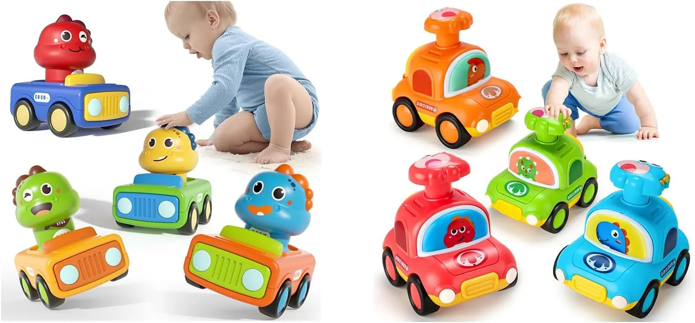 ALASOU 4 PCS Dinosaur and 4 PCS Dinosaur Taxi Car Toys for Infant and Toddlers