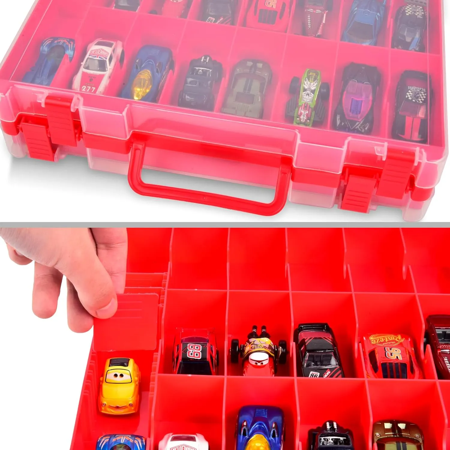 ALCYON Double Sided Toy Storage Organizer Case for Hot Wheels Car, for Matchbox Cars, for Mini Toys, for Small Dolls. Carrying Box Container Carrier with 48 Compartments - Red (Box Only)