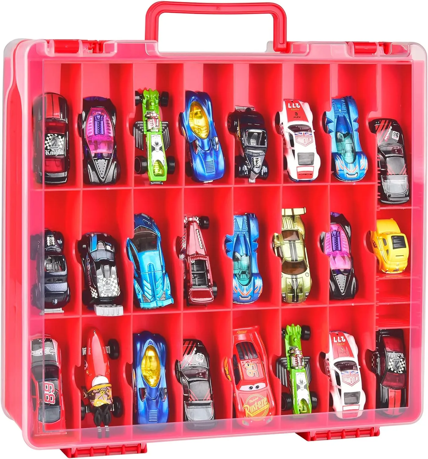 ALCYON Double Sided Toy Storage Organizer Case for Hot Wheels Car, for Matchbox Cars, for Mini Toys, for Small Dolls. Carrying Box Container Carrier with 48 Compartments - Red (Box Only)