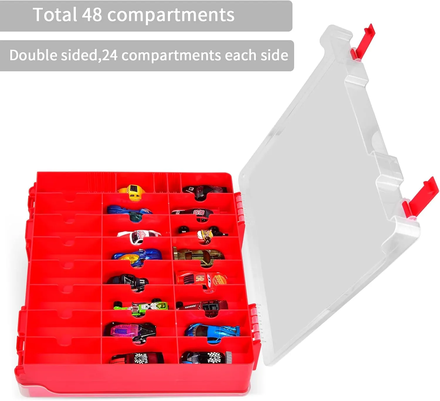 ALCYON Double Sided Toy Storage Organizer Case for Hot Wheels Car, for Matchbox Cars, for Mini Toys, for Small Dolls. Carrying Box Container Carrier with 48 Compartments - Red (Box Only)