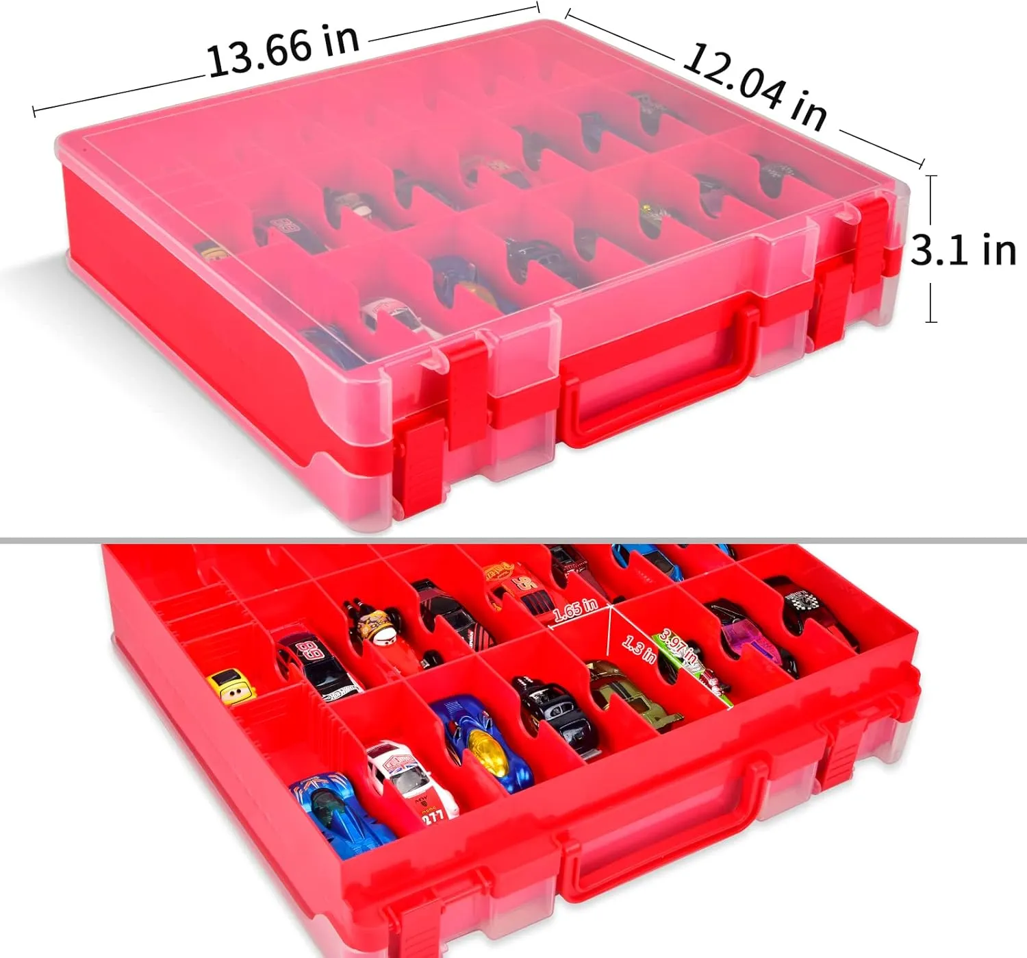 ALCYON Double Sided Toy Storage Organizer Case for Hot Wheels Car, for Matchbox Cars, for Mini Toys, for Small Dolls. Carrying Box Container Carrier with 48 Compartments - Red (Box Only)