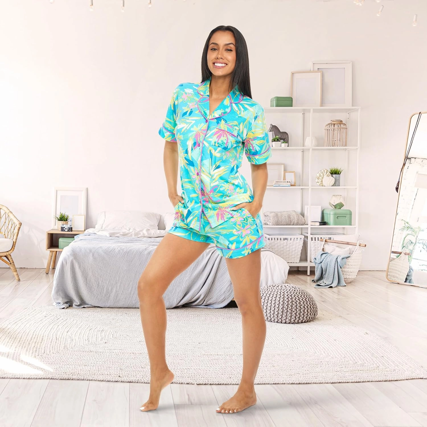 Alexander Del Rossa Women's Soft Cotton Knit Jersey Pajamas Lounge Set, Short Sleeve Top and Shorts with Pockets