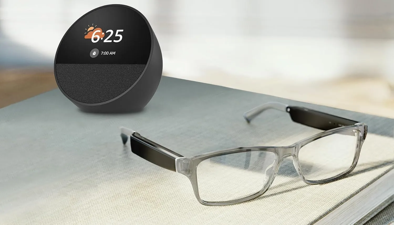 Amazon Echo Frames (newest model)   Echo Spot (newest model), Smart Glasses with Alexa, Modern Rectangle frames in Charcoal Gray with prescription ready lenses