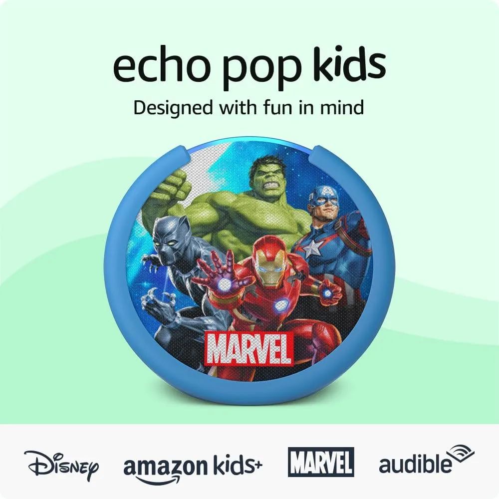 Amazon Echo Pop Kids (newest model), Designed for kids, with parental controls, Includes 6 months of Amazon Kids , Marvel's Avengers