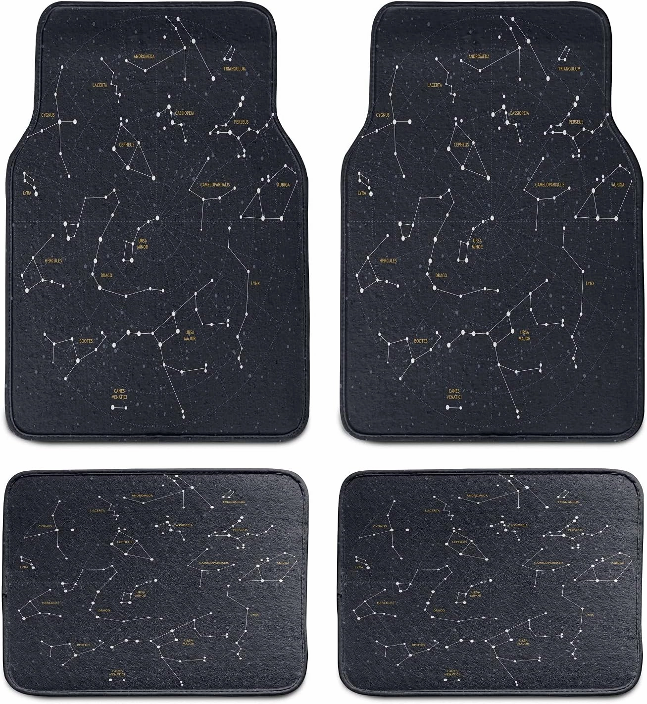 Ambesonne Constellation Car Mat Set of 4, Sky Map Andromeda Lacerta Cygnus Lyra Hercules Draco Bootes Lynx, Front & Back Seat Floor Mat Durable PVC Backing Car Accesory, Dark Blue Yellow White