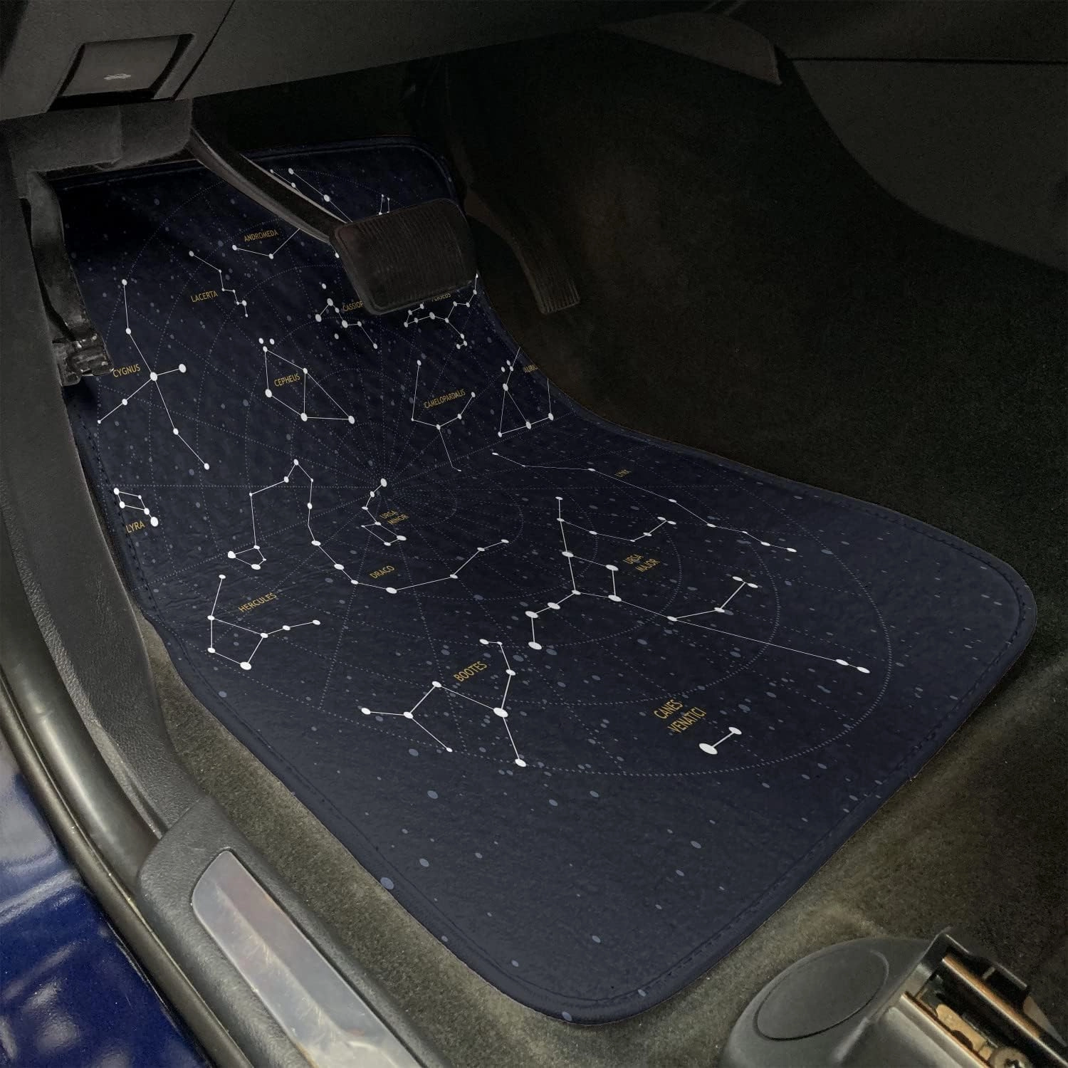 Ambesonne Constellation Car Mat Set of 4, Sky Map Andromeda Lacerta Cygnus Lyra Hercules Draco Bootes Lynx, Front & Back Seat Floor Mat Durable PVC Backing Car Accesory, Dark Blue Yellow White