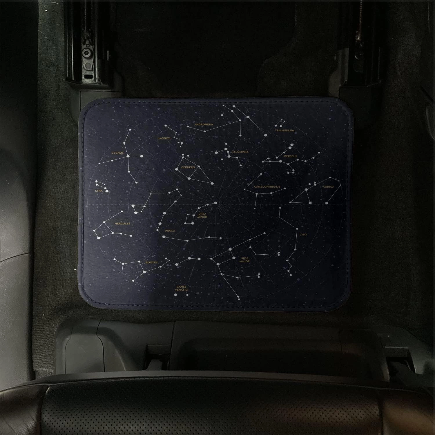 Ambesonne Constellation Car Mat Set of 4, Sky Map Andromeda Lacerta Cygnus Lyra Hercules Draco Bootes Lynx, Front & Back Seat Floor Mat Durable PVC Backing Car Accesory, Dark Blue Yellow White