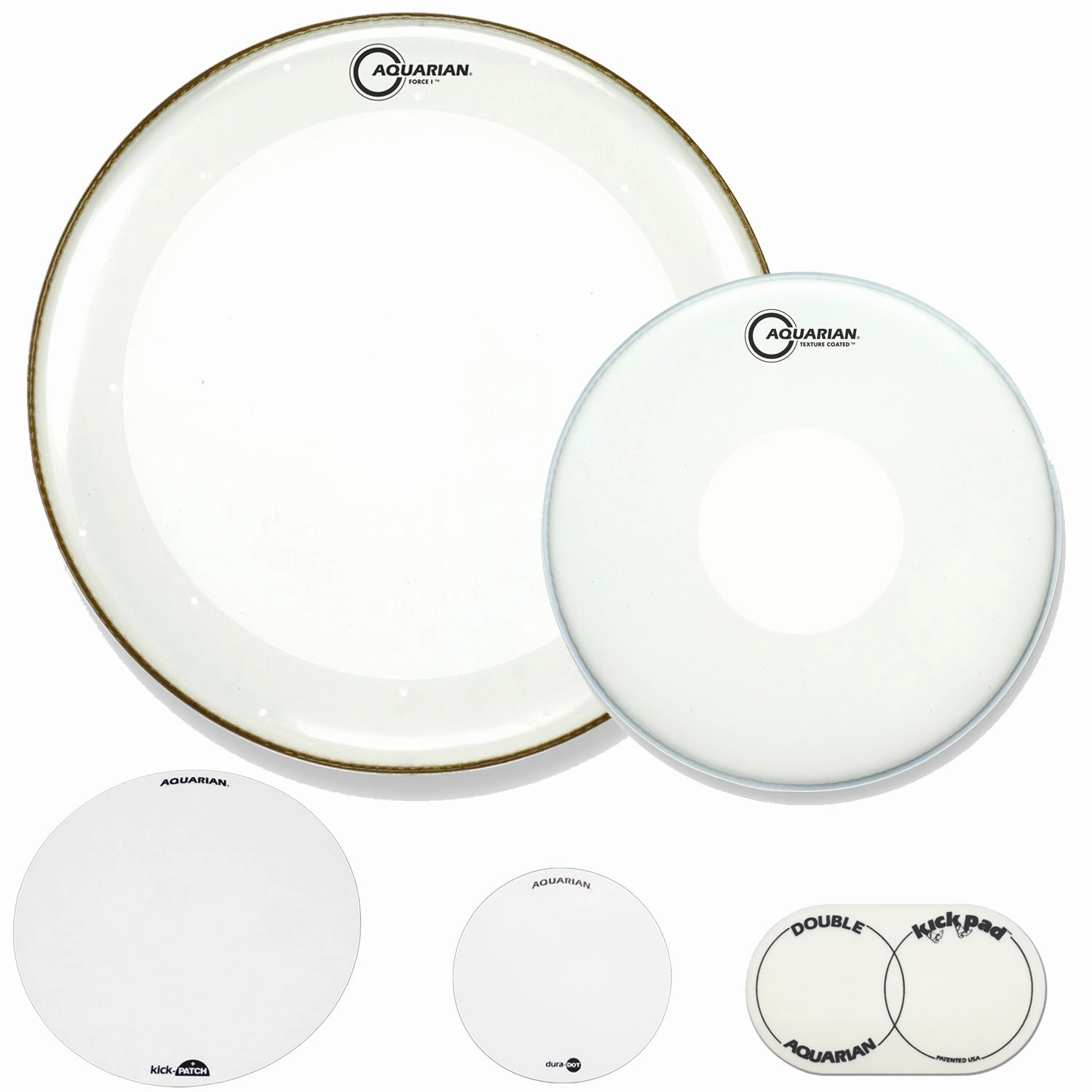 Aquarian 20" Groove Master Kick & Snare Bundle - 20" Full Force Bass Drum Head, TC Powerdot Snare Drum Head, KickPATCH, Double Kick Pad, & DuraDOT