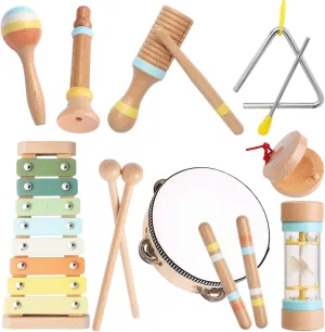 Asweets Baby Musical Instruments Set, Montessori Wooden Musical Toys for Toddlers, Wooden Percussion Instruments Set, for Boys Girls 3 , Neutral Colors
