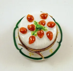 Authentic French Porcelain Hand Painted Limoges Box Yummy Strawberry Cake on Plate