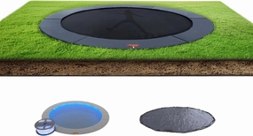 Avyna Inground 15' Round Trampoline Bundle, 8-Color LED Light Kit, Heavy Duty Vinyl Weather Cover, Rust-Resistant Galvanized Steel Frame, Flush Ground Design, High Bounce Jump Mat, Gray Safety Pad