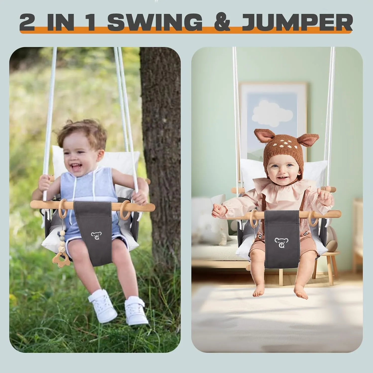 Baby Swing with Stand, Swing Set for Infant, Outdoor Indoor Swing Set with Canvas Cushion Seat (Gray)