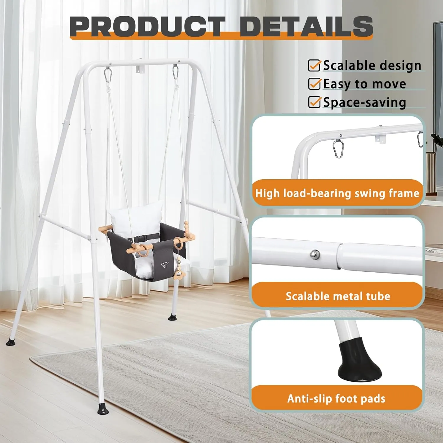 Baby Swing with Stand, Swing Set for Infant, Outdoor Indoor Swing Set with Canvas Cushion Seat (Gray)