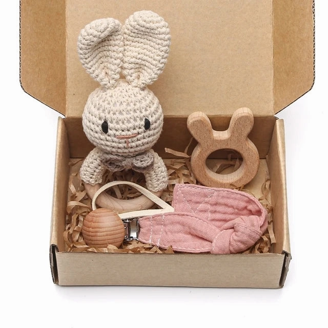 Baby Crochet Bear Teething Toys Cotton Towel Gift Box Bath Toys Set