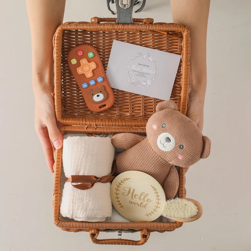 Baby Crochet Bear Teething Toys Cotton Towel Gift Box Bath Toys Set