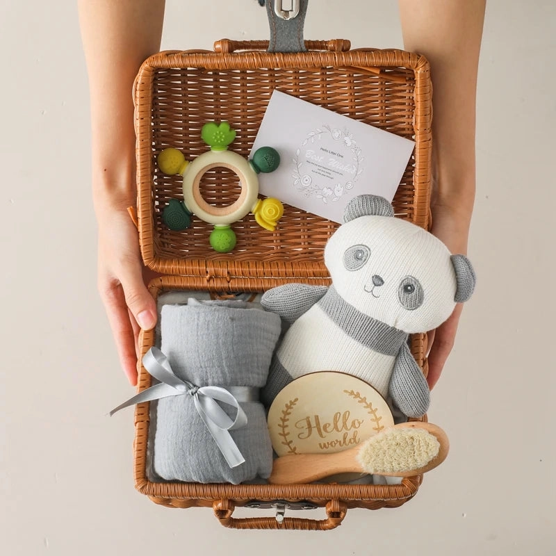 Baby Crochet Bear Teething Toys Cotton Towel Gift Box Bath Toys Set