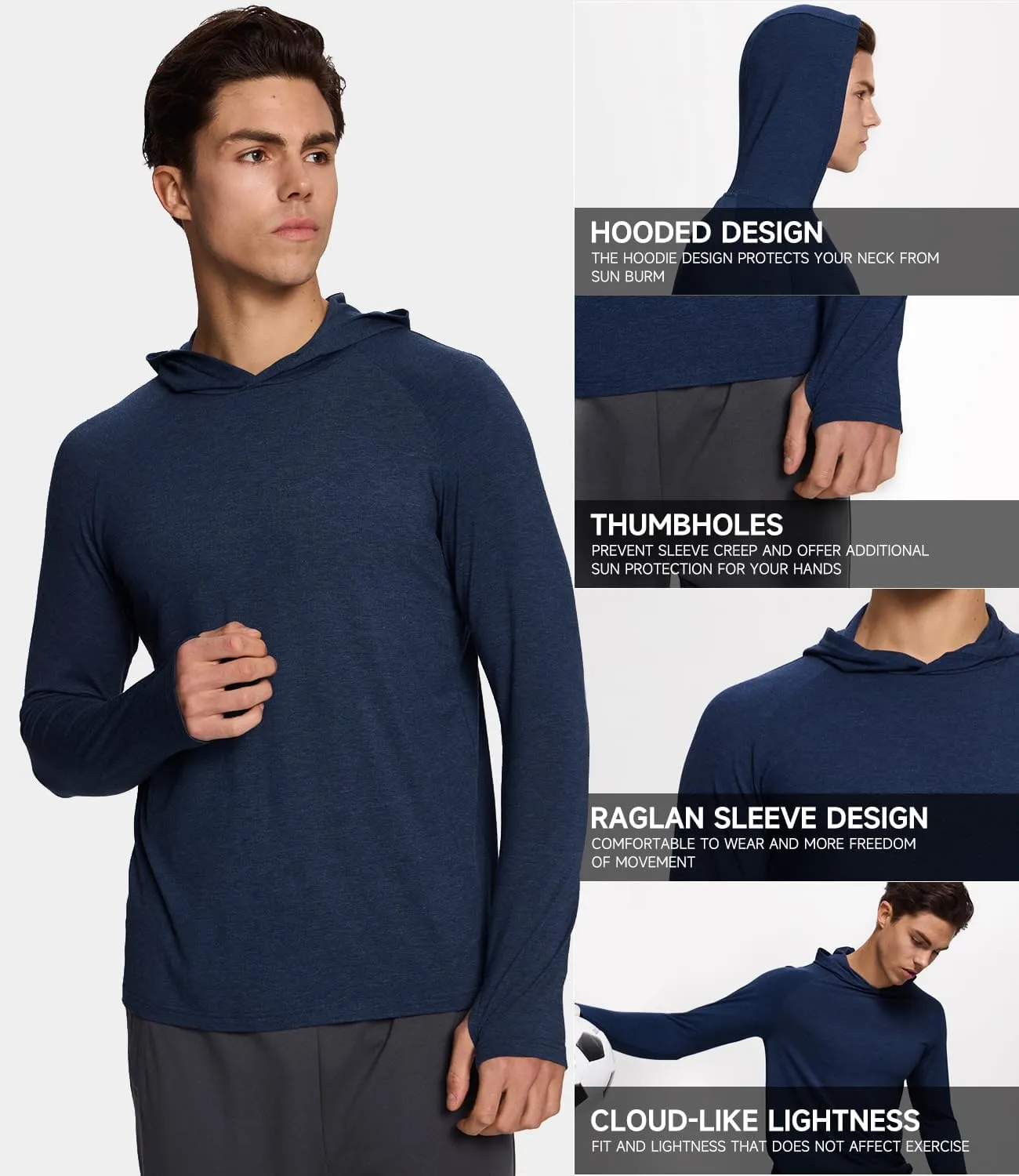 BAMBOO COOL Men's UPF 50  Athletic Hoodies Soft Lightweight Sweatshirts Long Sleeve Pullover Sun Protection Hoodie Tops