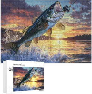 Bass Fish Sunset Custom Jigsaw Puzzle for Adults Wooden Educational Game Art Home Decor 300 PCS