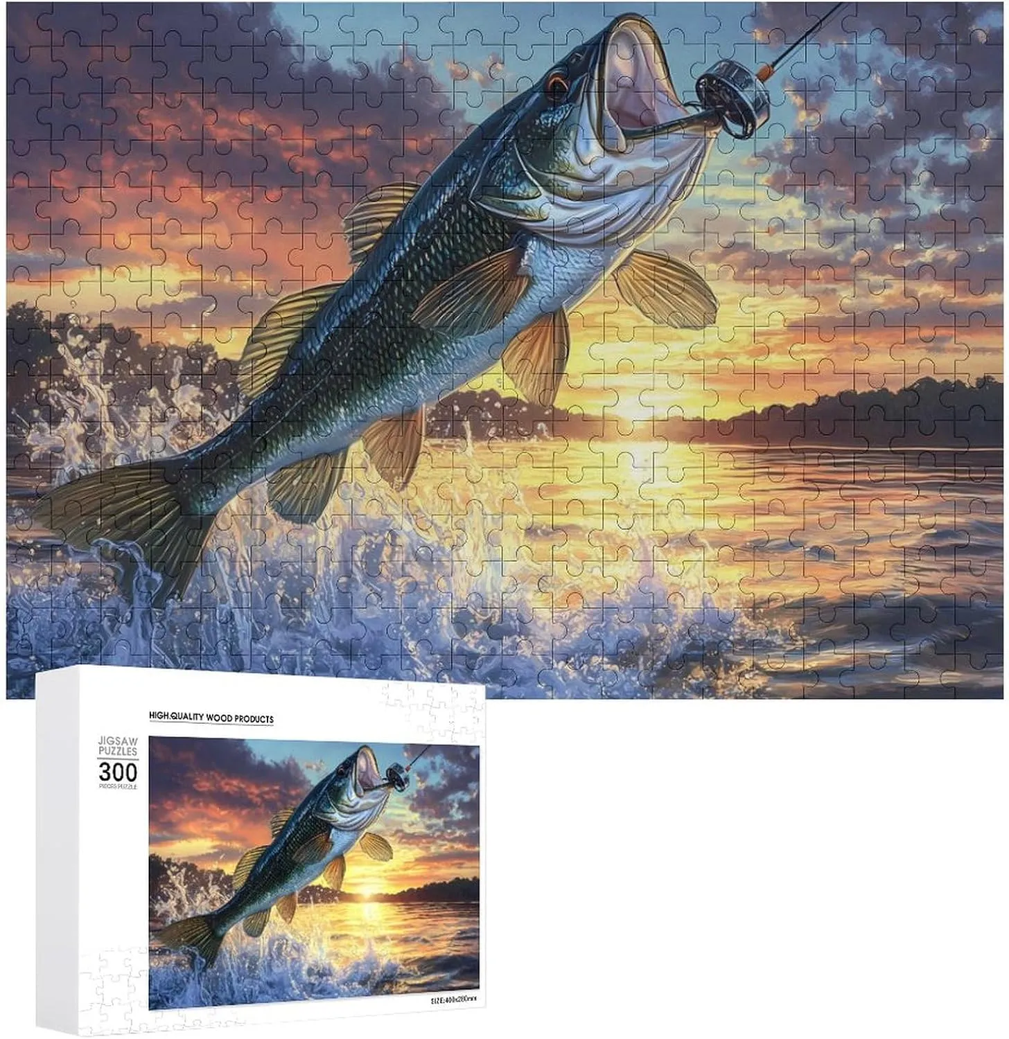 Bass Fish Sunset Custom Jigsaw Puzzle for Adults Wooden Educational Game Art Home Decor 300 PCS