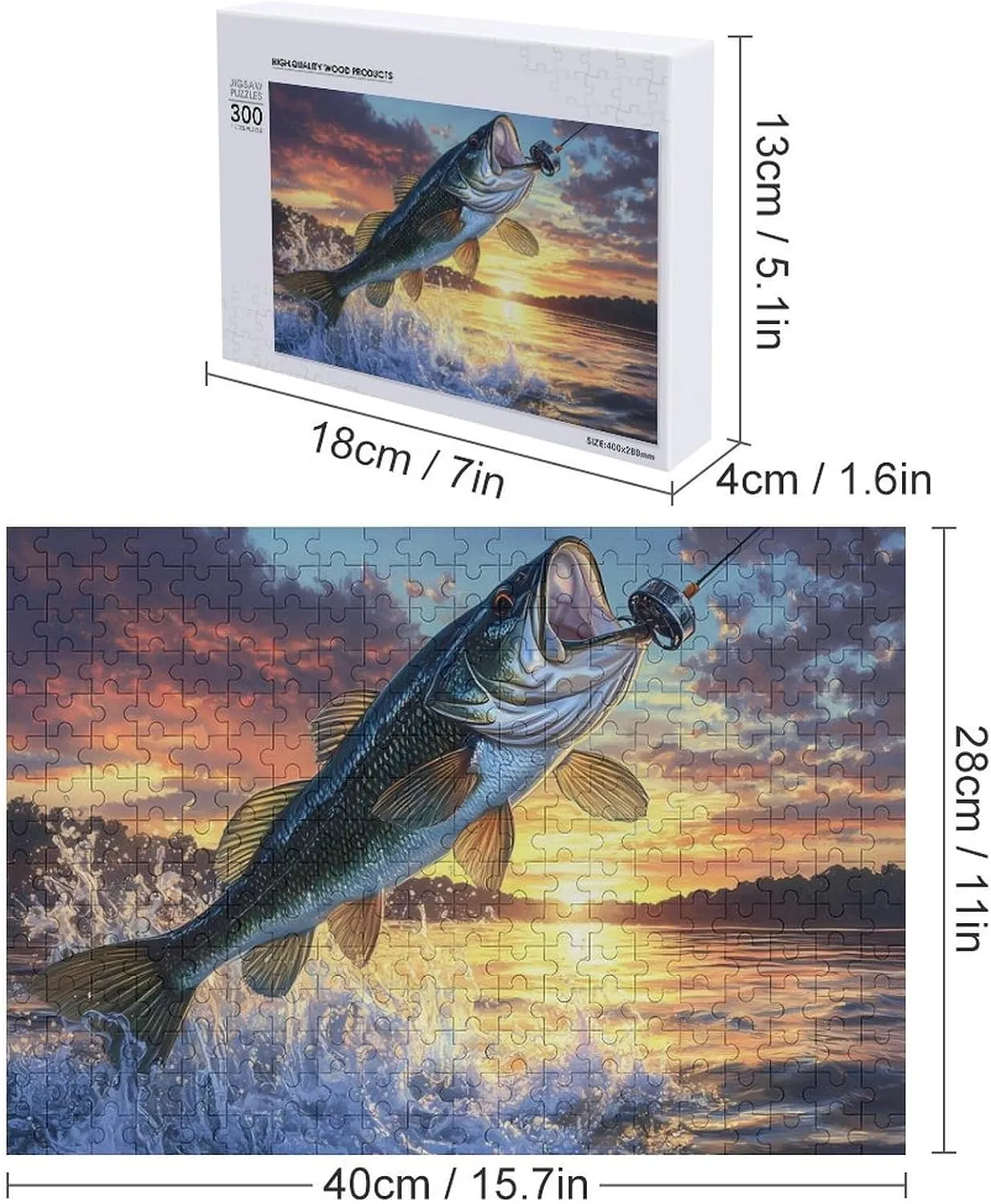 Bass Fish Sunset Custom Jigsaw Puzzle for Adults Wooden Educational Game Art Home Decor 300 PCS