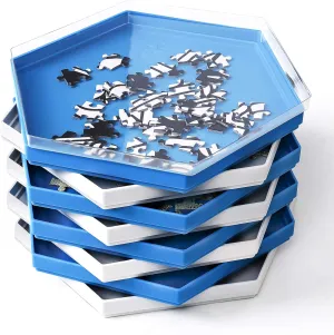 Becko US Stackable Puzzle Sorting Trays Jigsaw Puzzle Sorters with Lid Puzzle Accessory for Puzzles Up to 1500 Pieces, 8 Hexagonal Trays in White & Blue