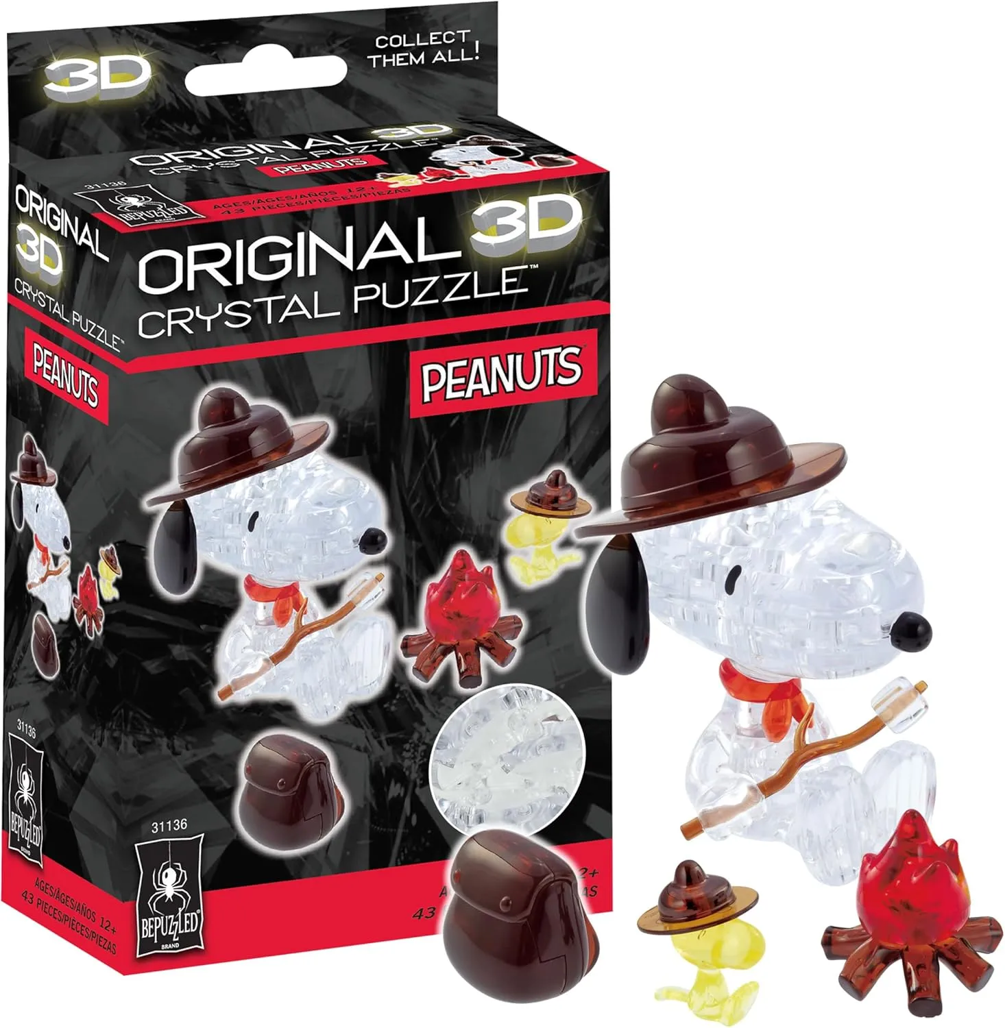 BePuzzled, Peanuts Snoopy Campfire Original 3D Crystal Puzzle, Perfect for Puzzlers Ages 12 and Up, Challenging to Complete and Beautiful to Display, Collect Them All
