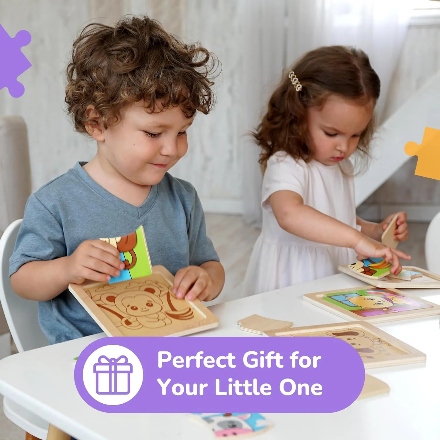 Bimi Boo 6-Sets of Wooden Animal Puzzles for Toddlers 1-3 - Preschooler Montessori 4-Pieces Jigsaw Puzzle Sets - STEM Educational Learning Wooden Toy for Babies (4 Pcs Per Set, 6 Sets)