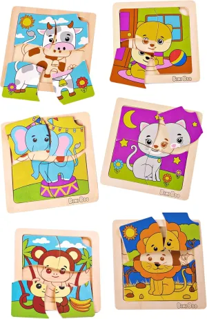 Bimi Boo 6-Sets of Wooden Animal Puzzles for Toddlers 1-3 - Preschooler Montessori 4-Pieces Jigsaw Puzzle Sets - STEM Educational Learning Wooden Toy for Babies (4 Pcs Per Set, 6 Sets)