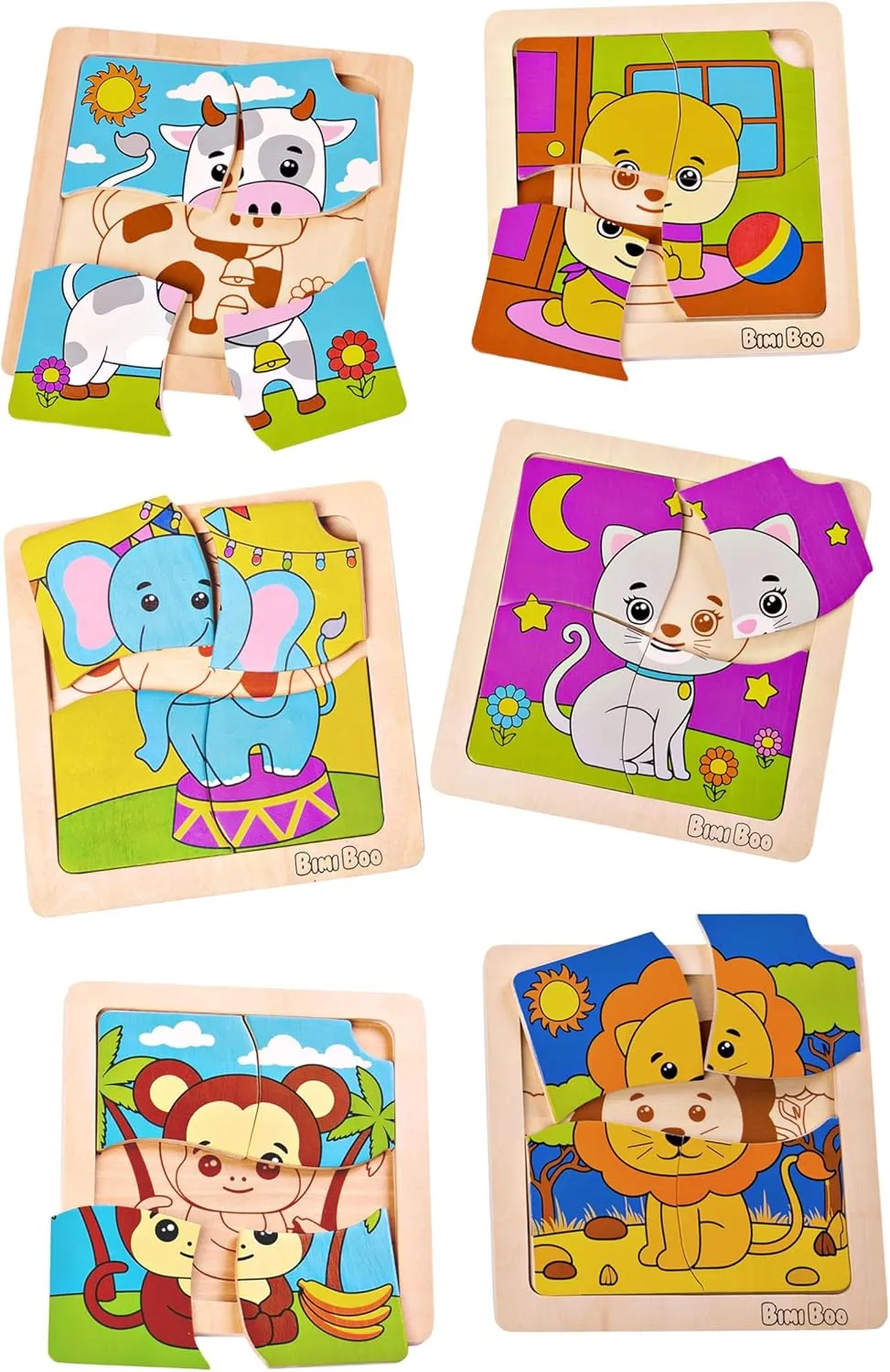 Bimi Boo 6-Sets of Wooden Animal Puzzles for Toddlers 1-3 - Preschooler Montessori 4-Pieces Jigsaw Puzzle Sets - STEM Educational Learning Wooden Toy for Babies (4 Pcs Per Set, 6 Sets)