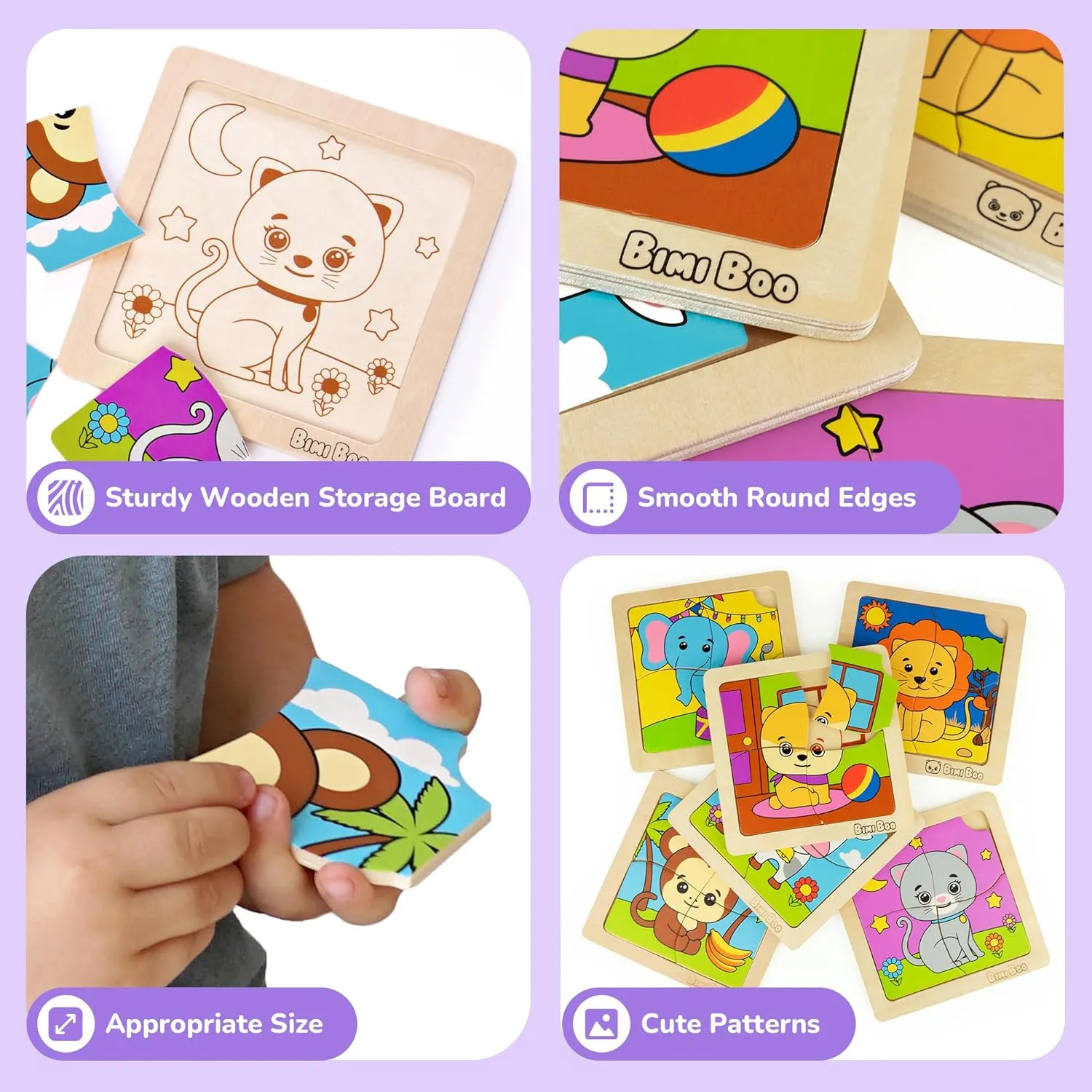 Bimi Boo 6-Sets of Wooden Animal Puzzles for Toddlers 1-3 - Preschooler Montessori 4-Pieces Jigsaw Puzzle Sets - STEM Educational Learning Wooden Toy for Babies (4 Pcs Per Set, 6 Sets)