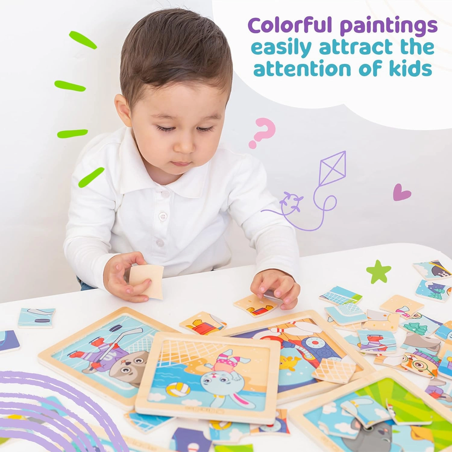 Bimi Boo 6-Sets of Wooden Sports Puzzles for Toddlers 1-3 - Montessori 9-Pieces Jigsaw Puzzle Sets - STEM Educational Learning Toy for Kids (9 Pcs Per Set, 6 Sets)