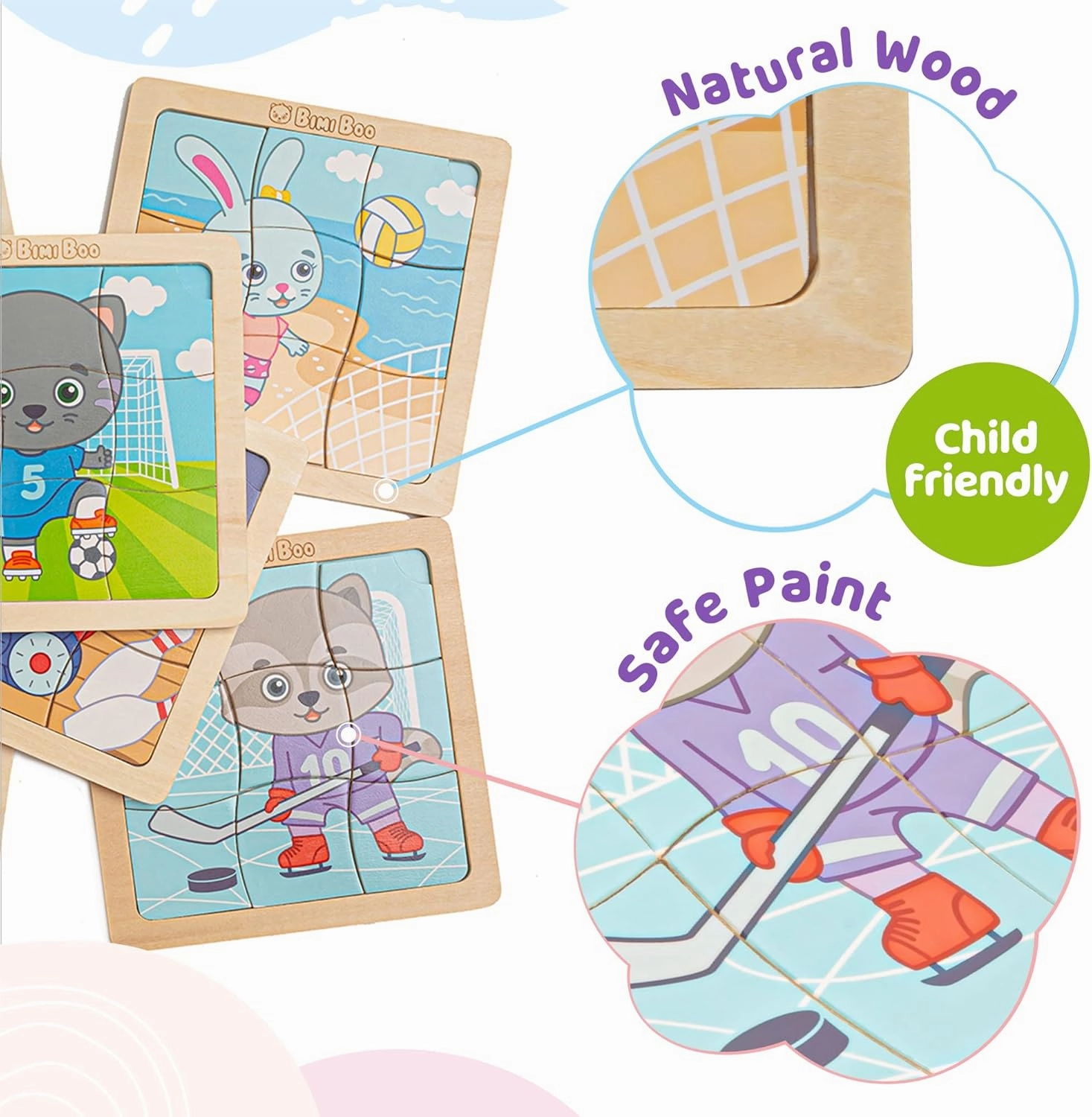Bimi Boo 6-Sets of Wooden Sports Puzzles for Toddlers 1-3 - Montessori 9-Pieces Jigsaw Puzzle Sets - STEM Educational Learning Toy for Kids (9 Pcs Per Set, 6 Sets)