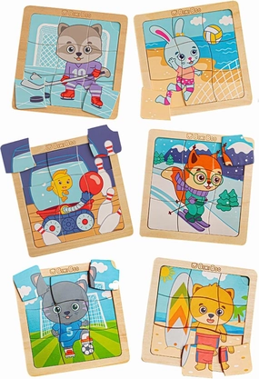 Bimi Boo 6-Sets of Wooden Sports Puzzles for Toddlers 1-3 - Montessori 9-Pieces Jigsaw Puzzle Sets - STEM Educational Learning Toy for Kids (9 Pcs Per Set, 6 Sets)