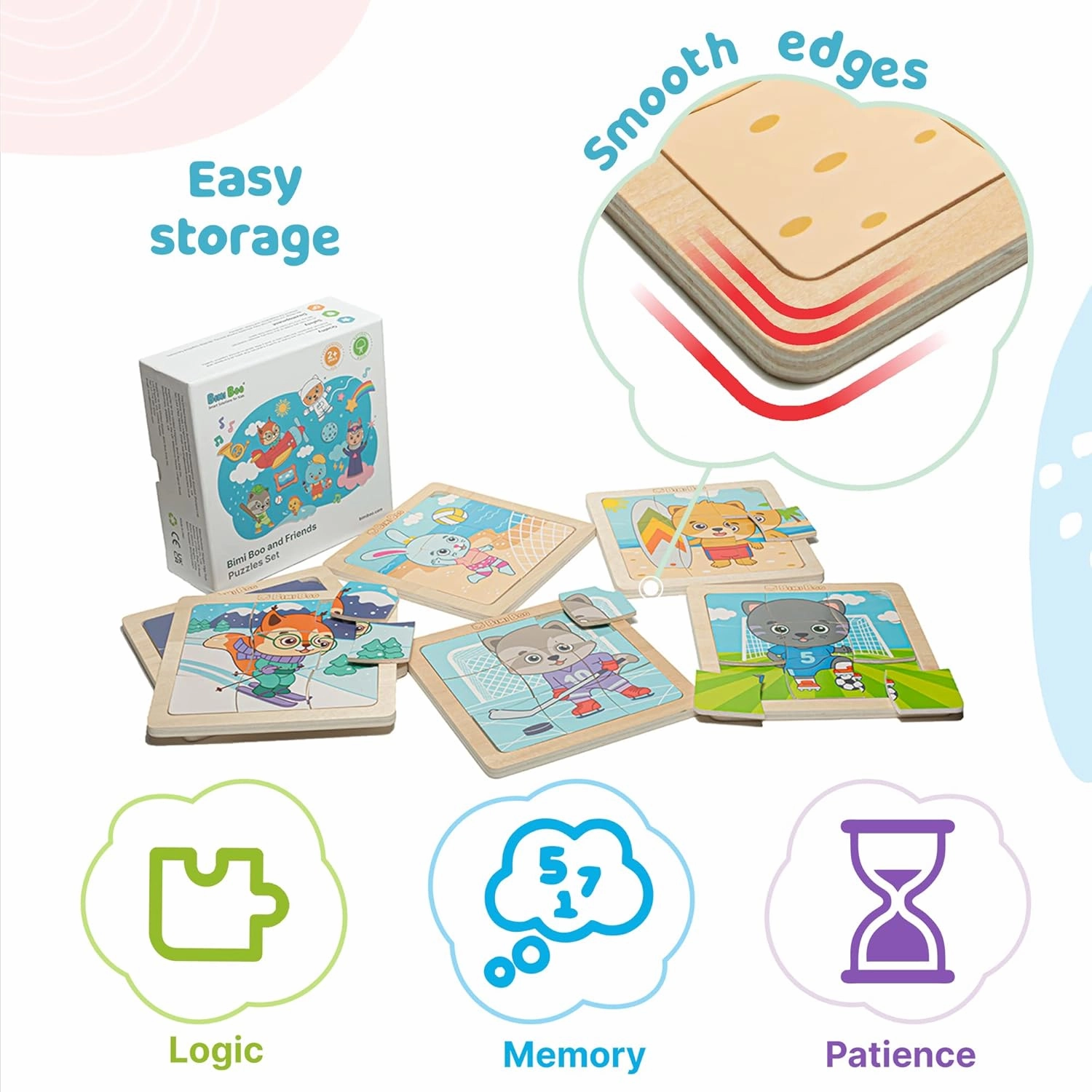 Bimi Boo 6-Sets of Wooden Sports Puzzles for Toddlers 1-3 - Montessori 9-Pieces Jigsaw Puzzle Sets - STEM Educational Learning Toy for Kids (9 Pcs Per Set, 6 Sets)