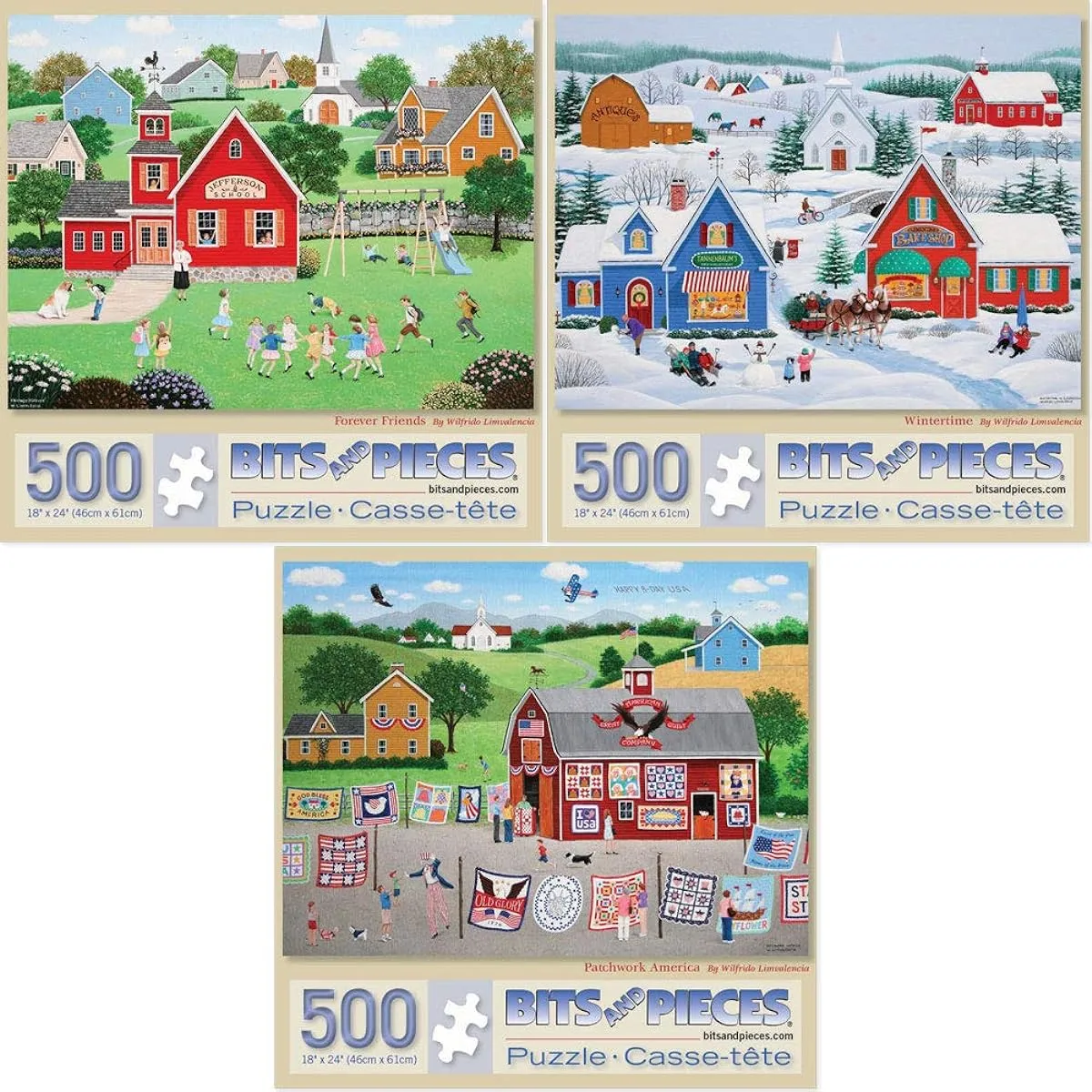 Bits and Pieces - Great Value 3-500 Piece Jigsaw Puzzle Sets for Adults - 500 Piece Large Piece Village Jigsaw by Artist Wilfrido Limvalencia - 18" x 24"