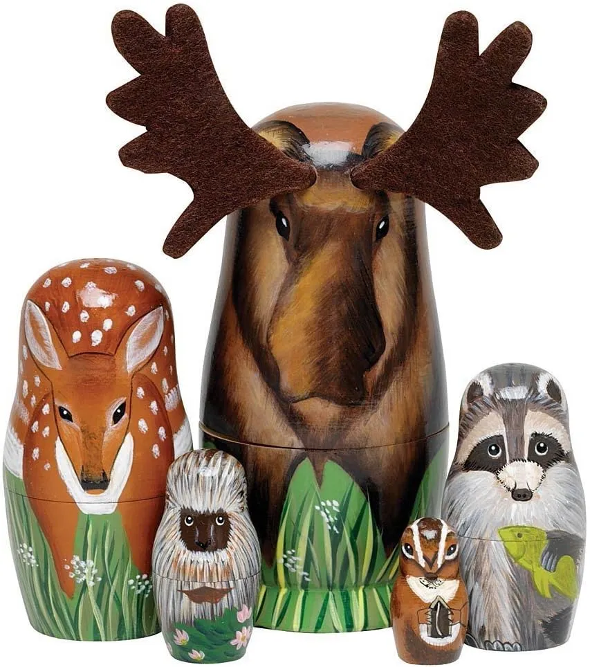 Bits and Pieces - "Woody and Friends" American Woodland Creatures Nesting Dolls - Hand Painted Wooden Animal Figurines - Set of 5